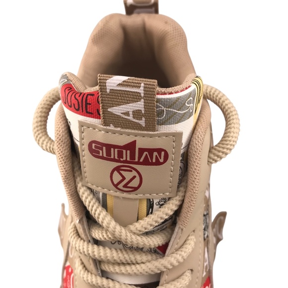 Chunky Graphic Sneakers Beige Red | Streetwear Fashion Trainers - Picture 5 of 8